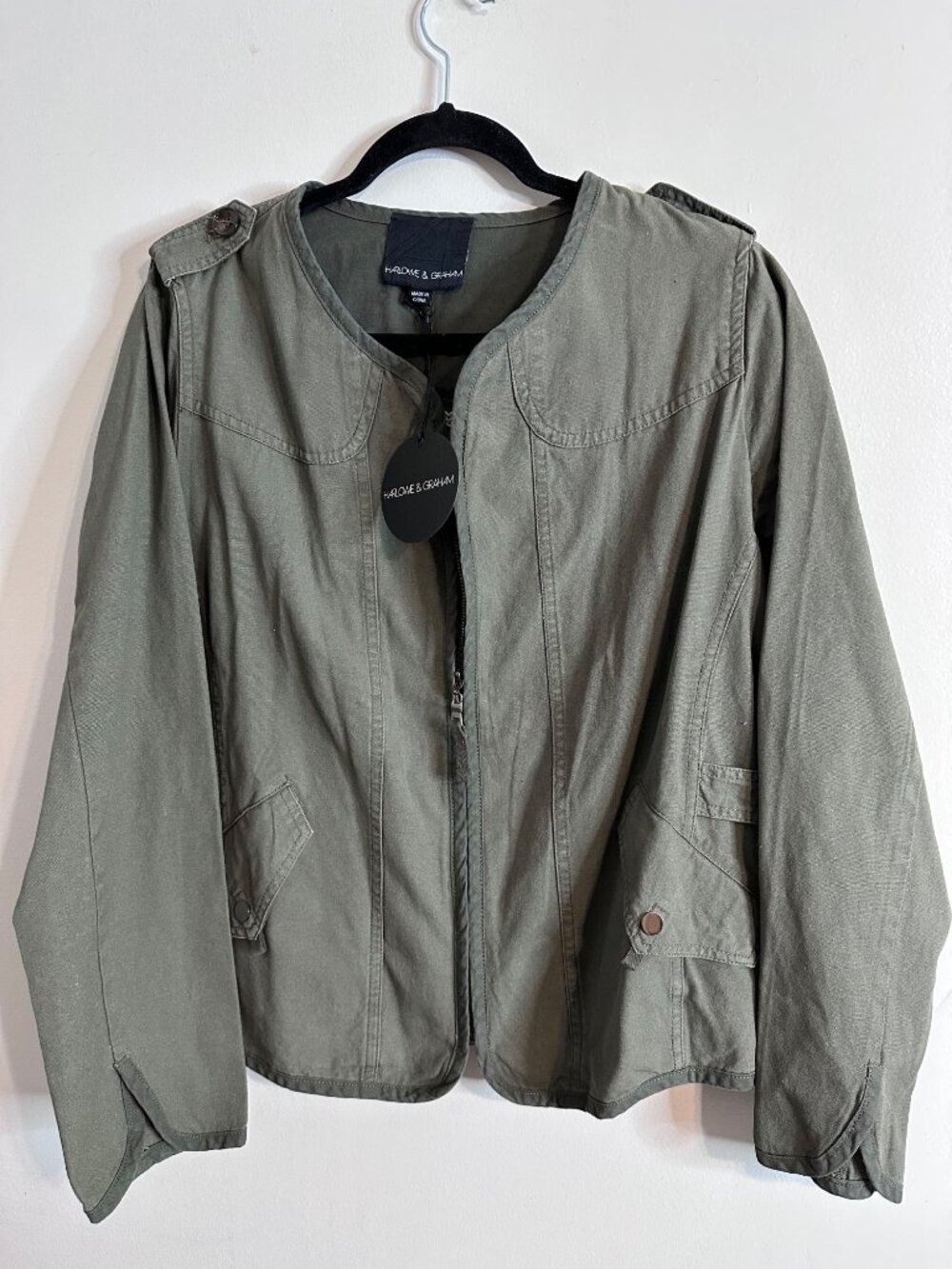 Harlowe & Graham Olive Utility Jacket Boho Knit Back Zip NWT Women S M